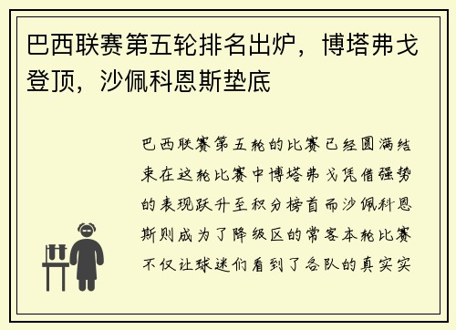 巴西联赛第五轮排名出炉，博塔弗戈登顶，沙佩科恩斯垫底