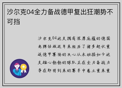 沙尔克04全力备战德甲复出狂潮势不可挡