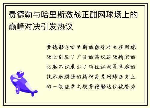 费德勒与哈里斯激战正酣网球场上的巅峰对决引发热议